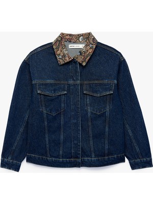 Koton Cepli Rahat Kalıp Düğmeli Uzun Kollu Yakası Şal Desenli Denim Ceket