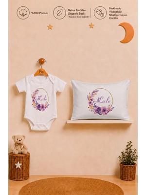 Pia Baby Isme Özel Kısa Kollu Kız Bebek Body Zıbın ve 35X45 cm Yastık Kılıfı %100 Pamuk Organik Baskılı Bebek Hediyesi