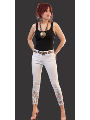 Boutique Bade Paçası Desenli ve Taşlı Bayan Kot Pantolon