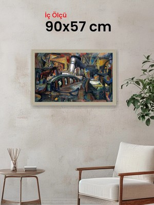 Hars Vintage Eskitme Beyaz Çok Renkli Çerçeve 90 x 57 cm Şeffaf Korumalı Pvc