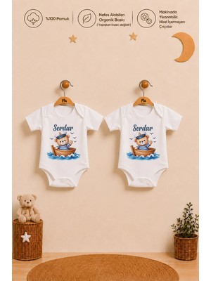 Pia Baby Isimli Erkek Bebek 2'li Body Zıbın Seti %100 Pamuk Organik Baskılı Çıtçıtlı Isme Özel Bebek Giyim
