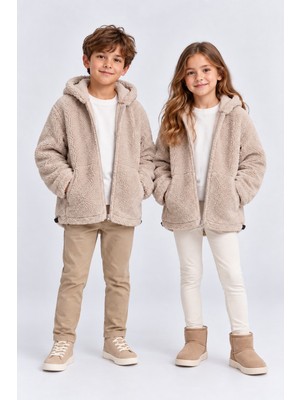 Ahengim Kız Erkek Çocuk Kapüşonlu Peluş Kuzu Mont Fermuarlı Cepli Yumuşak Ceket AK101