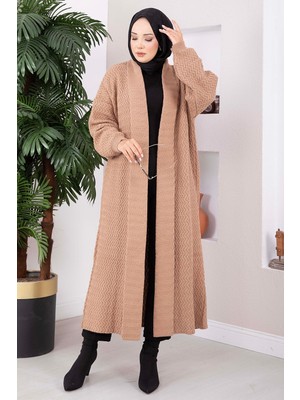 RAF Şal Yaka Desenli Uzun Triko Hırka Camel