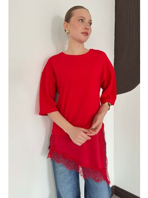 Very Moda Dantel ve Saten Detaylı Asimetrik Tişört | D2942