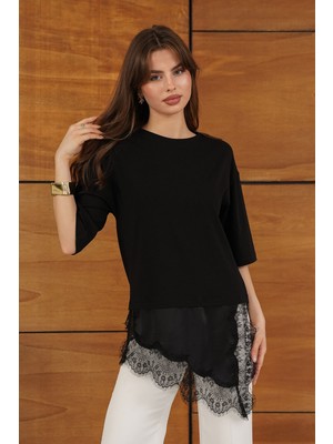 Very Moda Dantel ve Saten Detaylı Asimetrik Tişört | D2942