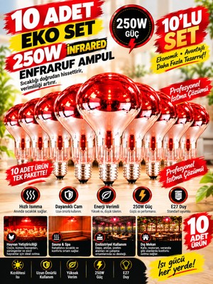 Ldn 10 ADET..250W Infrared Isıtıcı Ampul 10'lu Set - Kırmızı Kızılötesi Civciv ve Hayvan Isıtma Lambası E27 Duy,enfraruf Kızılötesi Ampul