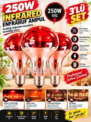 Ldn 3 Adet --250W Infrared Isıtıcı Ampul 3'lü Set - Kırmızı Kızılötesi Civciv ve Hayvan Isıtma Lambası E27 Duy Enfraruj Kızılötesi Ampul