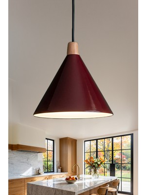 Marrien Cone Bohem Ahşap Bordo Metal Sarkıt (25 cm) Yemek Masası Üstü Avize Mutfak & Salon Aydınlatması