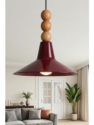 Marrien Ruby Bohem Ahşap 3 Boncuklu Bordo Metal Sarkıt (30 cm) Yemek Masası Üstü Avize Mutfak & Salon Aydınlatması