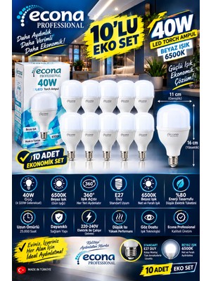 Econa 10 Adet-- 40W Mega Torch LED Ampul - Yüksek Lümen Ultra Parlak Beyaz Işık - E27 Duy Tasarruflu Ampul,yüksek Tavan Ampulü