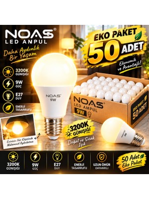 Econa 50 Adet 9W Günışığı LED Ampul E27 Duy 3200K Günışığı Eko Paket - Enerji Tasarruflu Yüksek Işık Gücü Tasarruflu Ampul Seti,tasarruflu Lamba