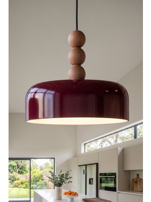 Marrien Marella Modern 3lü Ahşap Boncuk Detaylı Bordo Metal Sarkıt (30 cm)  Yemek Masası Üstü Avize  Mutfak & Salon Aydınlatması