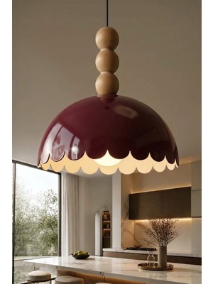 Marrien Bella Retro 3lü Ahşap Boncuk Detaylı Bordo Metal Sarkıt (30 cm)  Yemek Masası Üstü Avize  Mutfak