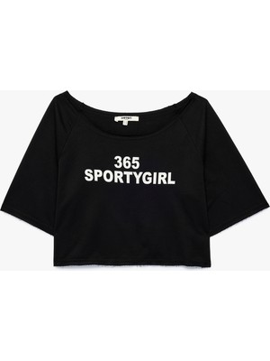 Koton Rahat Kalıp Kısa Kollu Kayık Yaka Baskılı Crop Spor Tişört
