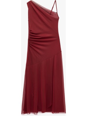 Koton Slim Fit Ince Askılı Tek Omuz Asimetrik Kesim Fularlı Tül Midi Elbise