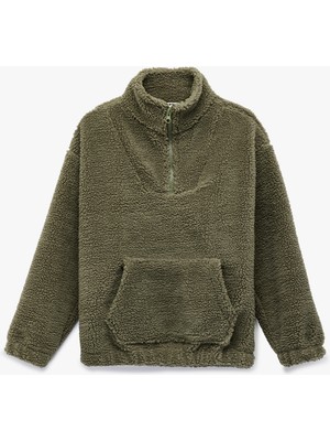 Koton Fermuarlı Kanguru Cepli Uzun Kollu Dik Yaka Oversize Peluş Sweatshirt