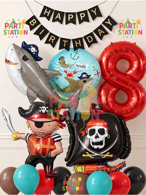 Parti Station Denizci Tema Korsan Konsept 8 Yaş Balon Seti - 14 Parça Dev Boy Korsan Gemisi Balon, Korsan Köpekbalığı Folyo Balon Doğum Günü Seti