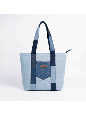 Mavicenza Kadın Mavi Özel Tasarım El Yapımı Patchwork Denim Omuz Çantası