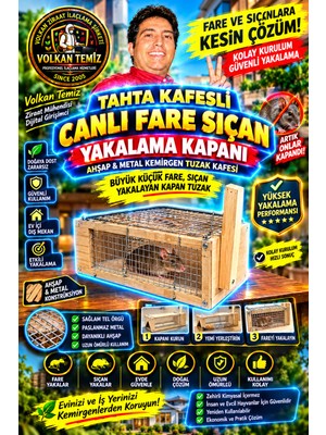 Volkan Ziraat Mühendislik Tahta Kafesli Canlı Fare ve Sıçan Yakalama Kapanı - Ahşap Metal Kemirgen Tuzak Kafesi | Sıçan, Fare, Keme, Jarden, Tarla Faresi Için Çevreci Tuzak