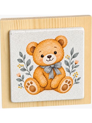 Ceren Wooden     Ayıcık Desenli Doğal Taş Dekoratif Ürün 10X10 cm – Bebek ve Çocuk Odası Dekoru
