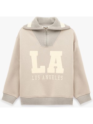 Koton Üç Iplik Şardonlu Baskılı Nakışlı Uzun Kollu Yarım Fermuarlı Dik Yaka Sweatshirt