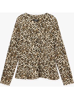 Koton Slim Bisiklet Yaka Uzun Kollu Leopar Desenli Peplum Hırka