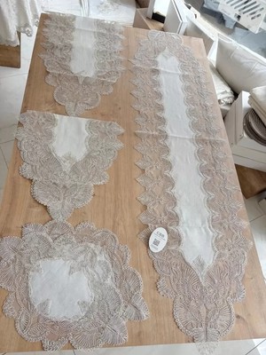 Esranın Dünyası Salon Takımı Angel Çeyizlik Kreme Gold Runner Set 5 Parça Keten Ranır Masa Sehpa Konsol Örtüsü