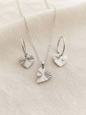 Papatya Silver 925 Ayar Gümüş Özel Tasarım Kristal Kalemli Kalp Kolye Küpe Set.rose.gold.rodaj Renk Seçeneği