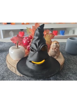 Ny Joy 3D Baskı Cadı Şapkası Tealight Mumluk Işıklı Yüz Detaylı Cadılar Bayramı Feneri Masa Süsü Siyah
