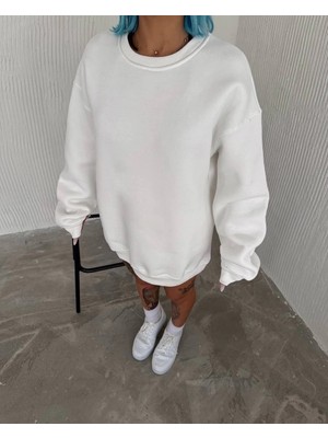 Milares Kadın Bisiklet Yaka 3 Iplik Pamuklu Basic Sweatshirt - Beyaz