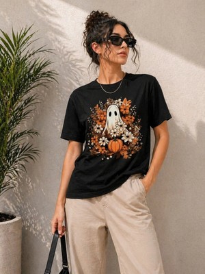 Milares Kadın Balkabağı Hayalet Baskılı Tişört Kısa Kol Yazlık T-Shirt - Siyah