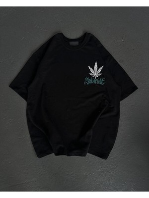 Milares Kadın Baskılı T-Shirt Kısa Kol Bisiklet Yaka Oversize Rahat Kalıp Günlük Tişört - Siyah