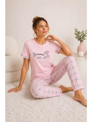 Milares Kadın Pamuklu Penye Summer Baskılı Kısa Kollu Pijama Takımı Ekose Desenli - Pembe