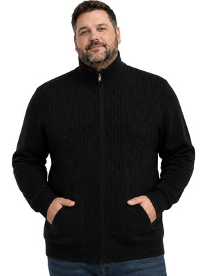 Battal Moda Erkek Büyük Beden Siyah Dikey Örgü Cepli Triko Hırka 3xl-4xl-5xl-6xl