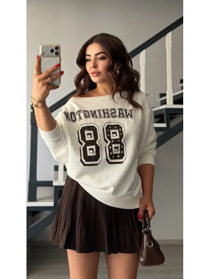 Elisin Ekru-Kahve Baskılı Düşük Omuz Sweatshirt