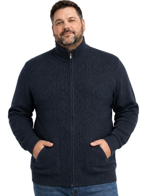 Battal Moda Erkek Büyük Beden Melanj Lacivert Dikey Örgü Cepli Triko Hırka 3xl-4xl-5xl-6xl