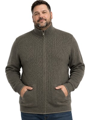 Battal Moda Erkek Büyük Beden Koyu Vizon Dikey Örgü Cepli Triko Hırka 3xl-4xl-5xl-6xl