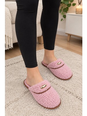 Moda Trendy Altın Toka Kıvırcık Peluş Tüylü Kışlık Kadın Ev Terliği Yumuşak Taban Sıcak Tutan Iç Mekan Rahat Terlikler Misafir Çeyizlik Hediye