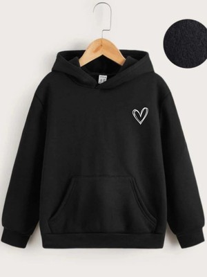 Milares Çocuk Unisex Kapüşonlu Çizgi Kalp Baskılı Sweatshirt - Siyah