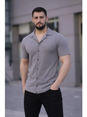 Milares Erkek Waffle Kumaş Kısa Kollu Düğmeli Açık Yaka Regular Fit Gömlek - Gri