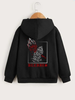 Milares Çocuk Unisex Kapüşonlu Ön ve Arka Blessed Baskılı Sweatshirt - Siyah