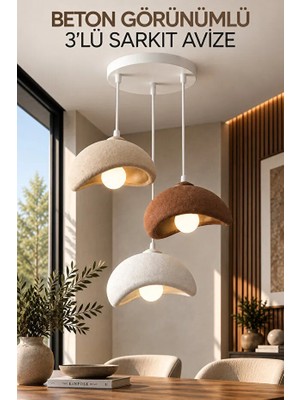 Trezon Beton Görünümlü 3’lü Sarkıt Avize Pla Bohem Modern Rustik Sütlü Kahve-Kahve-Beyaz 25X25 cm Beyaz LED Ampul Hediyeli