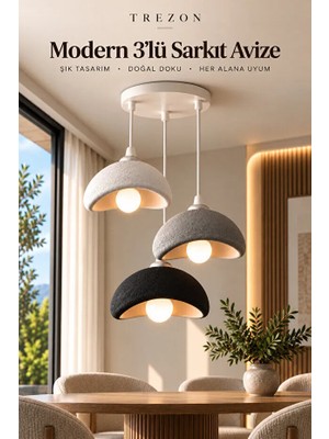 Trezon 3’lü Sarkıt Avize Modern Avize Bohem Minimalist Beton Görünüm Beyaz Gri Siyah Beyaz LED Ampul Hediyeli