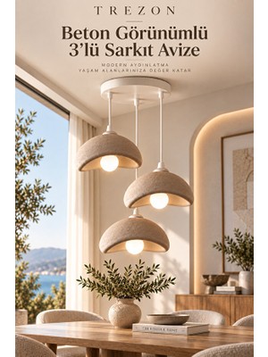 Trezon Sütlü Kahve 3’lü Sarkıt Avize Modern Bohem Minimalist Dekoratif Beton Görünümlü Pla Avize Beyaz LED Ampul Hediyeli