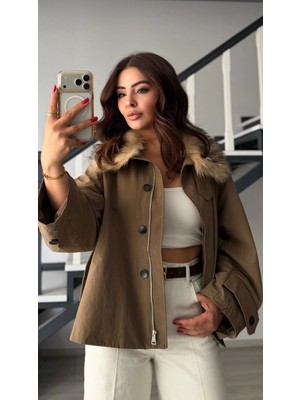 Elisin Haki Çıkarılabilir Kürk Yaka Trençkot