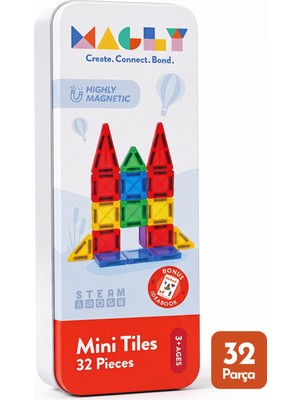 Magly Mini Tiles - Seyahat Boy Manyetik Yapı Blokları - Çocuklar Için Metal Kutulu 32 Parça Mini Manyetik Oyun Seti