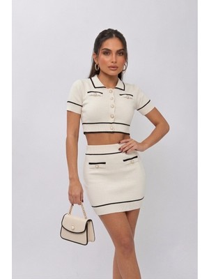 Msm Fashion Kadın Ikili Triko Takım Kısa Kollu Şık Gold Düğmeli Siyah Biyeli Cep Görünümlü Beli Lastikli Gömlek Yaka Kısa Hırka Mini Etek Örme Takım