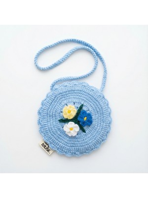 Rug Muse El Örgüsü Kız Çocuk Omuz Çantası - Picnic Blue - Çiçekli Mavi Yuvarlak
