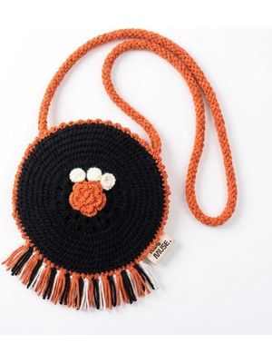 Rug Muse El Örgüsü Kız Çocuk Omuz Çantası - Safari Paw - Pençe Desenli ve Püsküllü Siyah Çanta