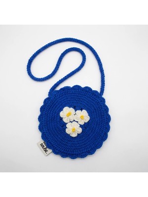 Rug Muse El Örgüsü Kız Çocuk Omuz Çantası - Cobalt Daisies - Saks Mavisi Papatyalı Yuvarlak Çanta